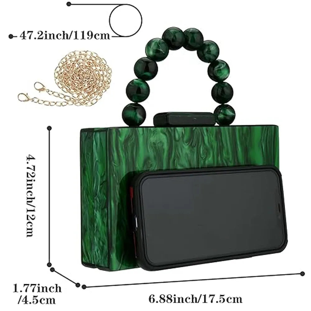 Women’s Pearl Marble Acrylic Evening Bag – Luxury Dark Green Crossbody Purse with Flap Closure for Weddings & Parties