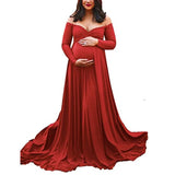 Women’s Off-Shoulder Maternity Photography Dress – Long Sleeve Solid Gown with Lace Detailing, Elegant Pregnancy Outfit