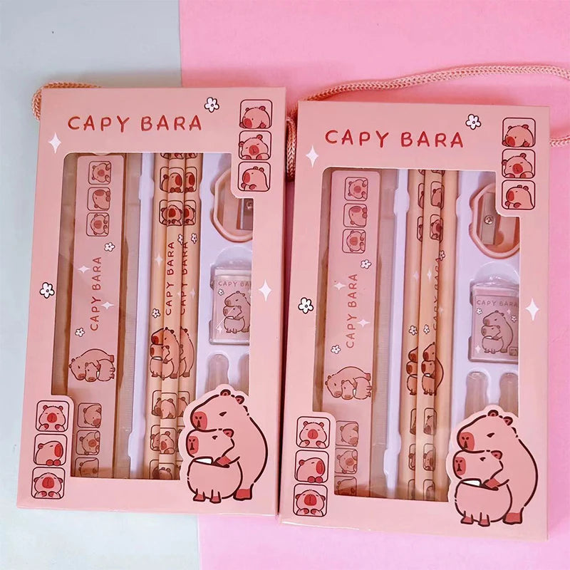 8-in-1 Capybara Stationery Set – Cartoon Animal Pencil, Ruler, Eraser & Sharpener for Kids