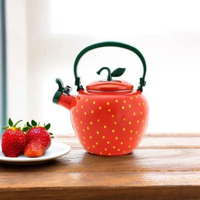 Whistling Tea Kettle – Enamel on Steel Stovetop Teapot with Strawberry Design, Cute Kitchen Water Kettle