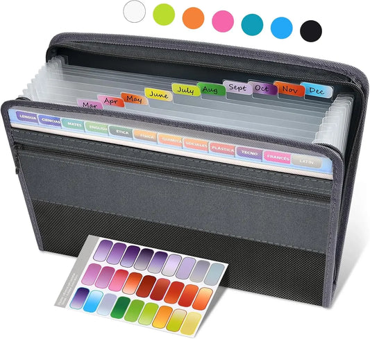 Expandable File Organizer with Security Zipper – 12-Pocket Document Folder with Front Pen Holder for Office & School