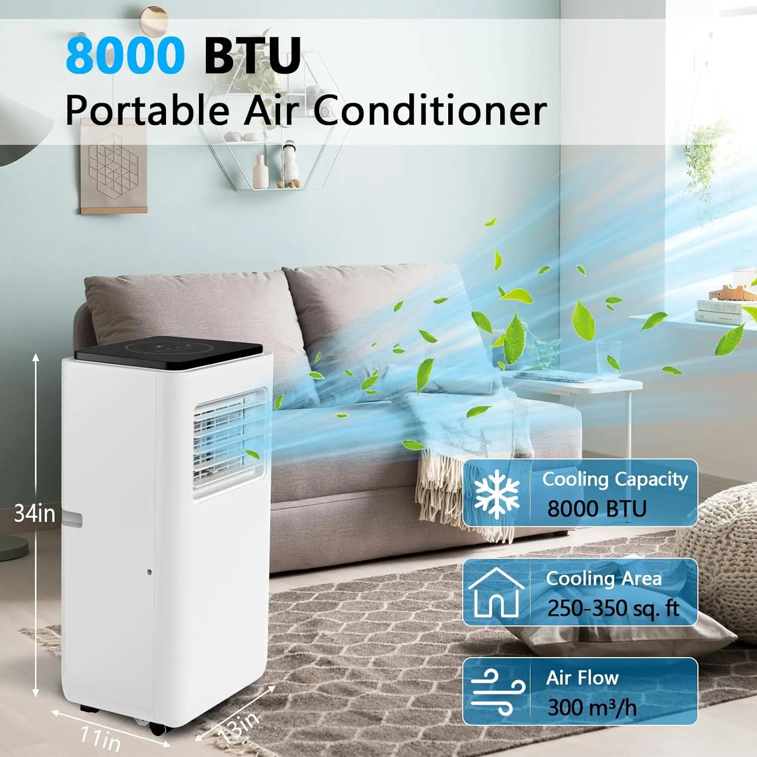8000 BTU Portable Air Conditioner with Dehumidifier & Remote Control – Compact AC for Bedroom & Medium Rooms up to 350 sq ft
