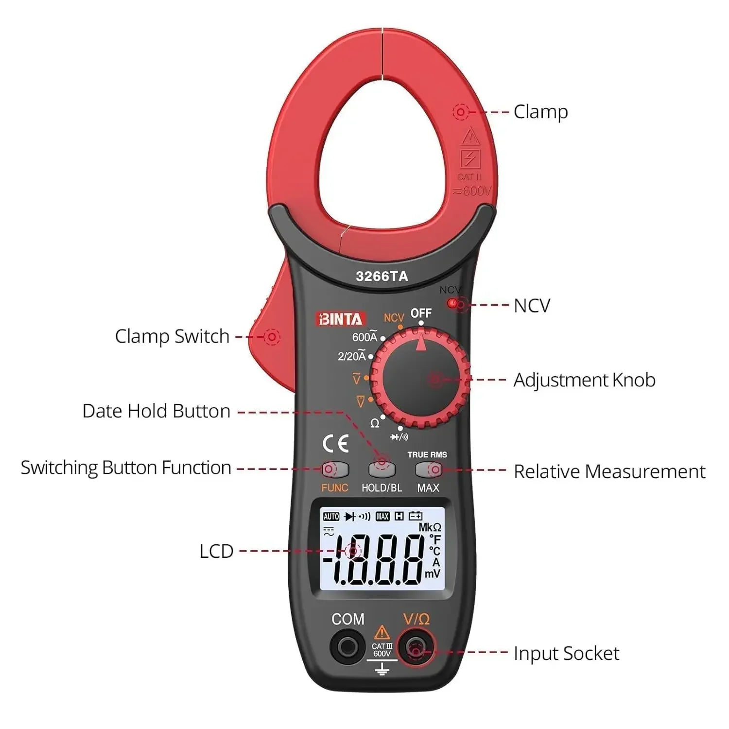 “Binta Digital Clamp Meter – 2000 Counts 600A AC/DC TRMS Auto-Range Multimeter with NCV, Voltage, Ohm & Capacitance Testing”