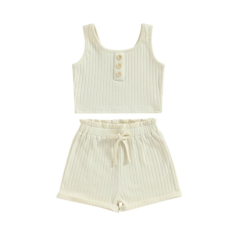 Lioraitiin Girls’ 2-Piece Summer Outfit – Sleeveless Knit Vest Top & Solid Drawstring Shorts Set for Kids 0–8 Years