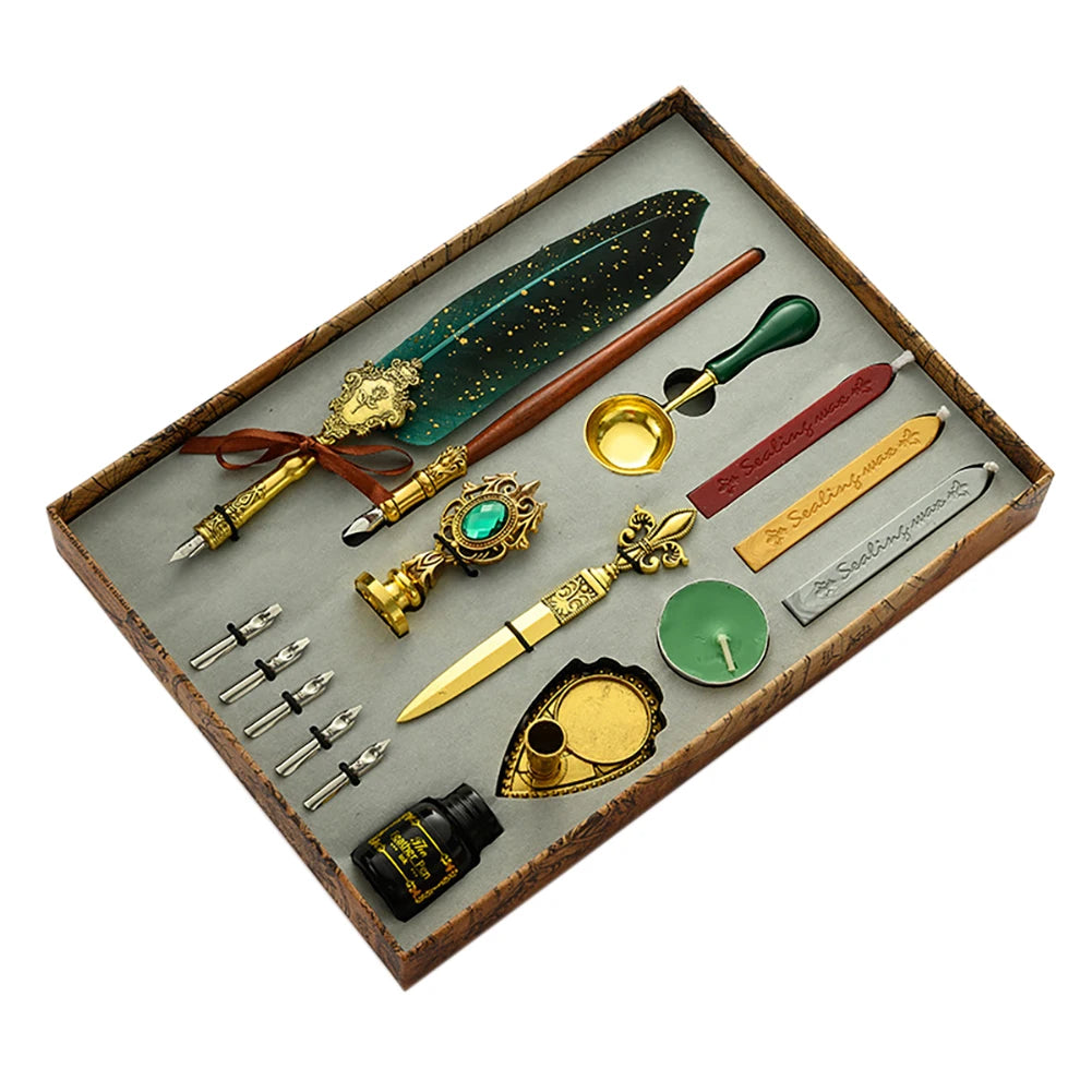 Retro Feather Pen Writing Ink Set – Exquisite Feather Dip Fountain Pen Craft & Gift Kit