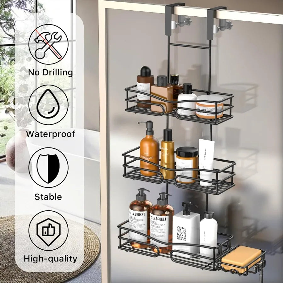 Over-the-Door 3-Tier Hanging Shower Caddy with Soap Holder & 4 Hooks – Rust-Proof Shelf for Bathroom Door