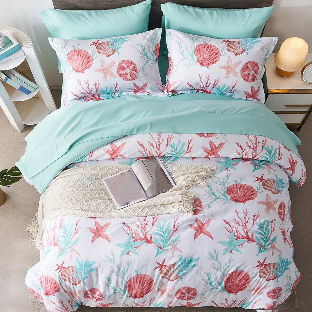 7-Piece Starfish & Coral Print Bedding Comforter Set – All-Season Boho Sea-Life Design