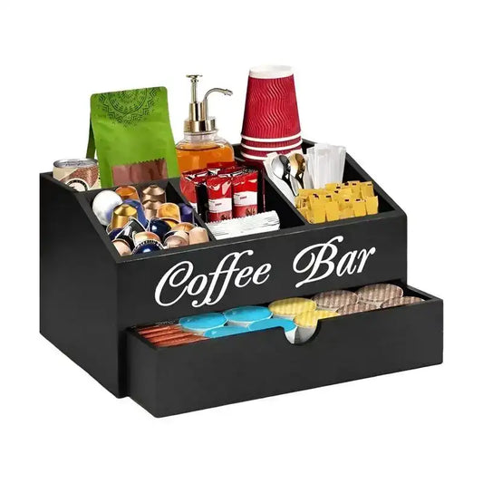 Wooden Coffee & Tea Station Organizer – Large Countertop Basket with Removable Dividers for Home Coffee Bar