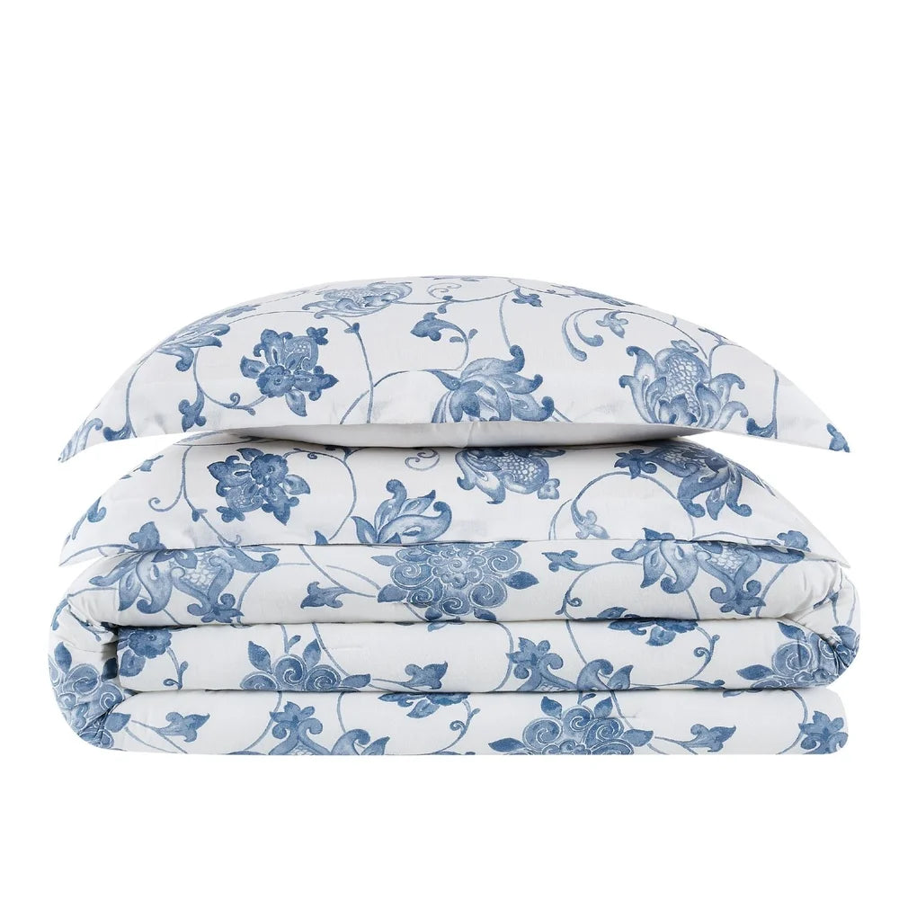 Blue Cotton Comforter Set Twin XL – 2-Piece Floral Vine Pattern, Soft Microfiber Fill, Classic Farmhouse Style