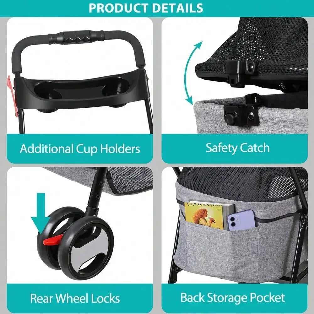 Pet Stroller with Detachable Carrier – Folding Travel Cart for Small Dogs & Cats, 360° Swivel Front Wheels