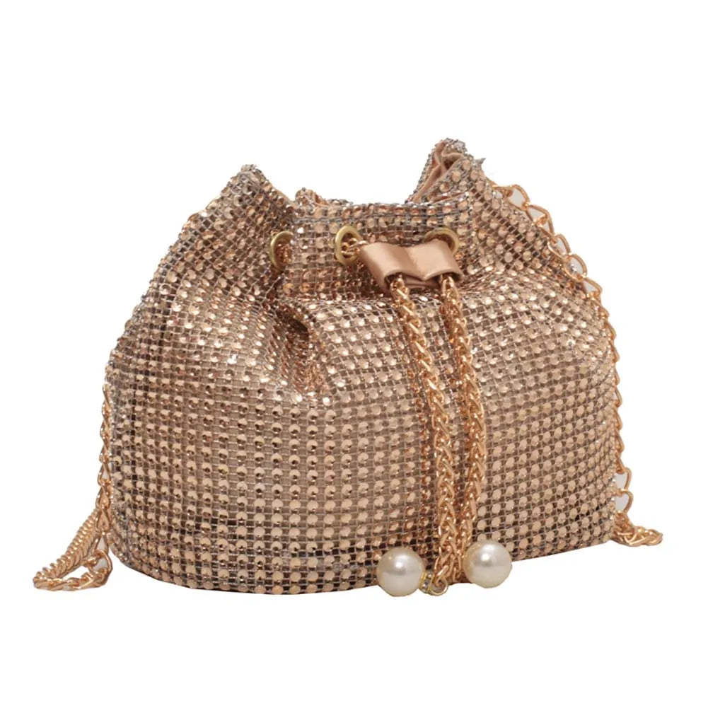Women’s Luxury Rhinestone Bucket Bag – Glittering Drawstring Shoulder & Crossbody Satchel, Solid Color Fashion Dating Purse