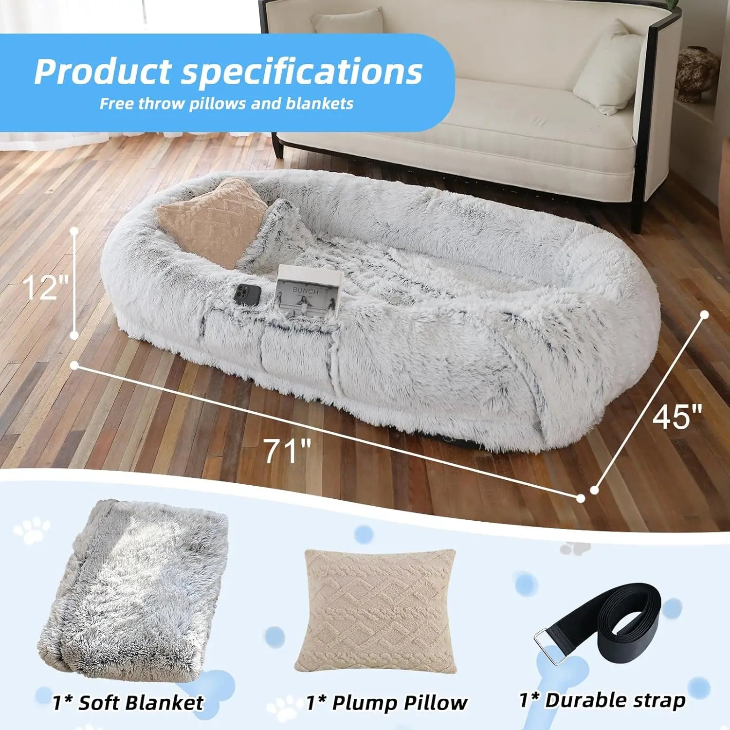 Human Dog Bed (71" x 45" x 12") – Oversized Faux Fur Washable Pet Bed for People & Pets