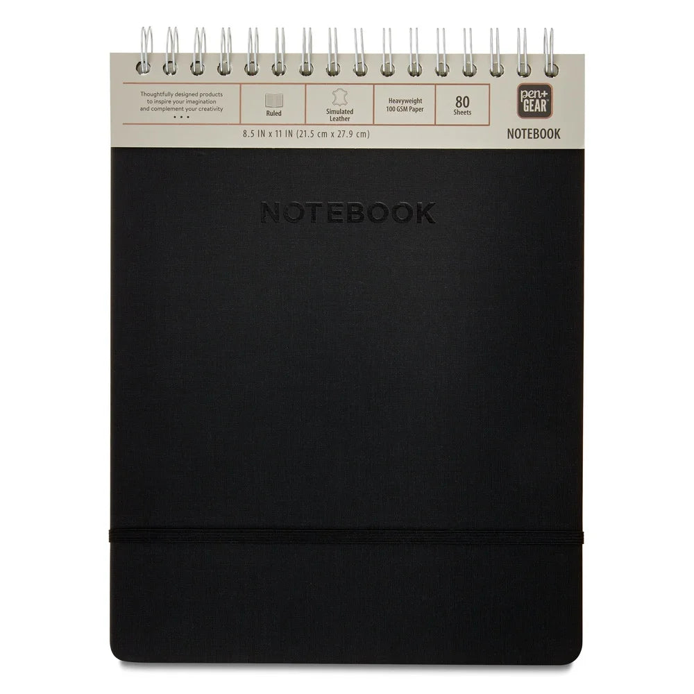 Compact Top Spiral Leather Notebook – 8.5 x 11 Ruled, 160 Pages with Heavyweight Paper
