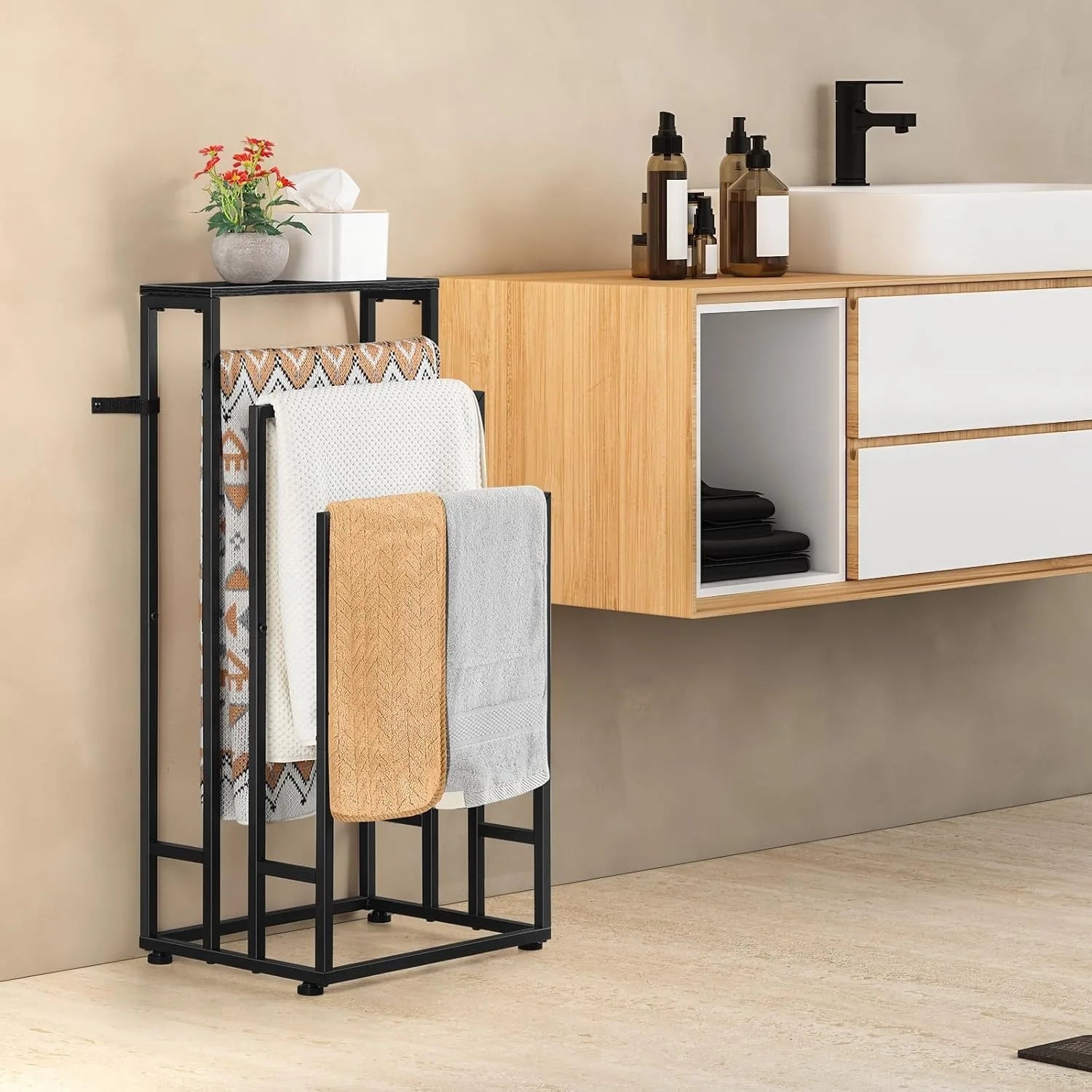 Freestanding Towel Rack 3-Tier Storage Shelf – Slim Space-Saving Black Finish