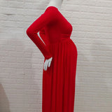 Women’s Off-Shoulder Maternity Photography Dress – Long Sleeve Solid Color Princess Gown for Elegant Pregnancy Photoshoots