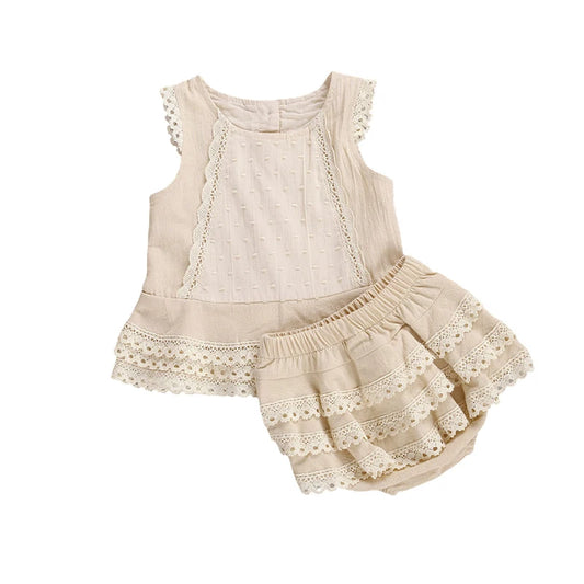Lioraitiin Baby Girl Summer Outfit – Sleeveless Lace Patchwork Solid Top with Matching Shorts 2-Piece Clothing Set (0–4Y)