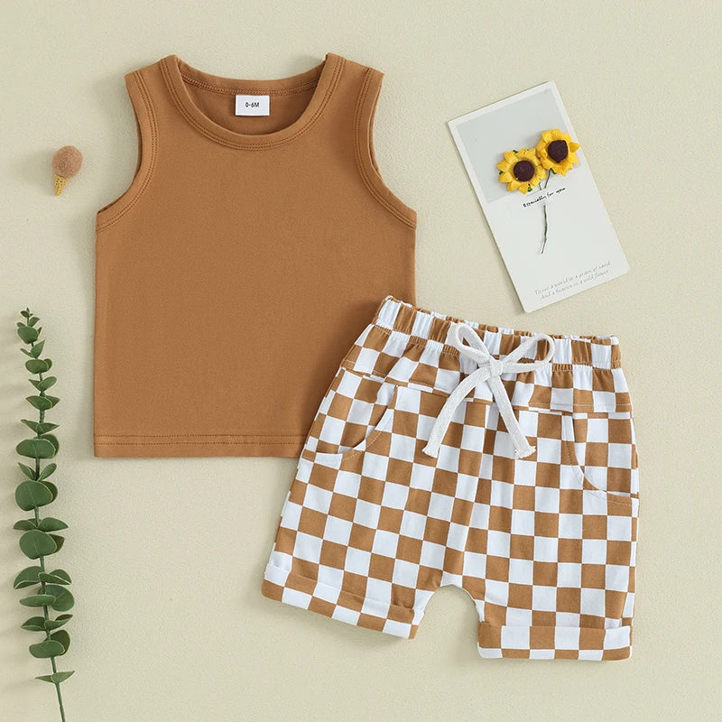 Baby Boy Summer Outfit – 2 Pcs Sleeveless Tank Top & Checkered Shorts Set for Toddler Casual Wear
