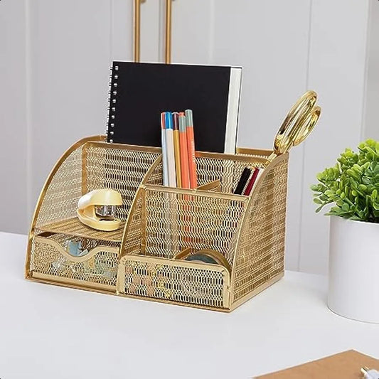 Gold Mesh Metal Desktop Organizer with Drawer – Small File & Office Accessory Holder