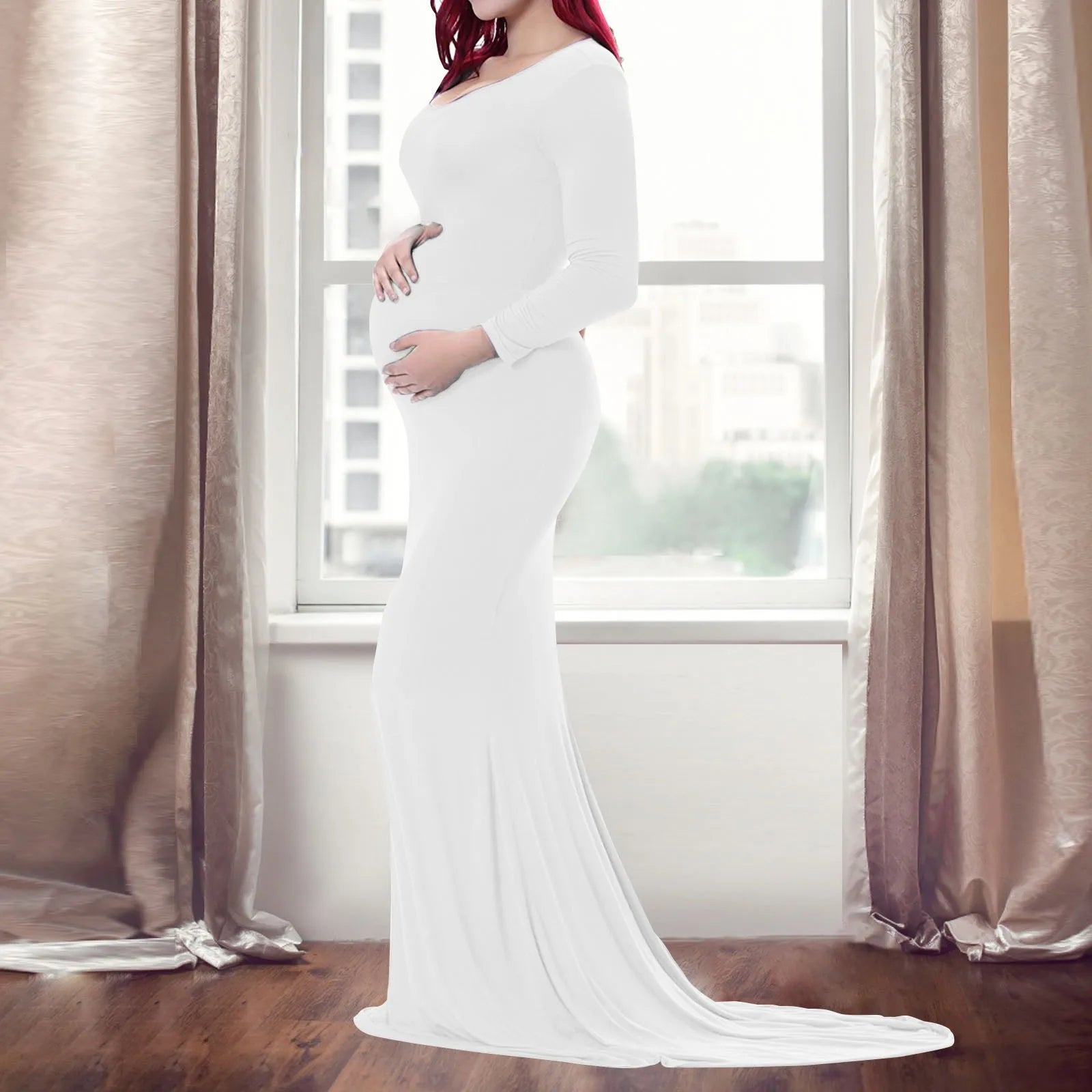 Women’s Cotton Maternity Photography Dress – Long Sleeve Crewneck Pregnancy Gown with Trailing Hem, Elegant Outfit