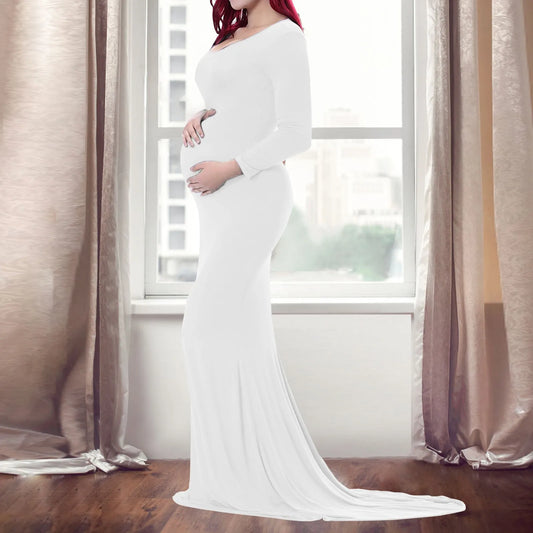 Women’s Cotton Maternity Photography Dress – Long Sleeve Crewneck Pregnancy Gown with Trailing Hem, Elegant Outfit