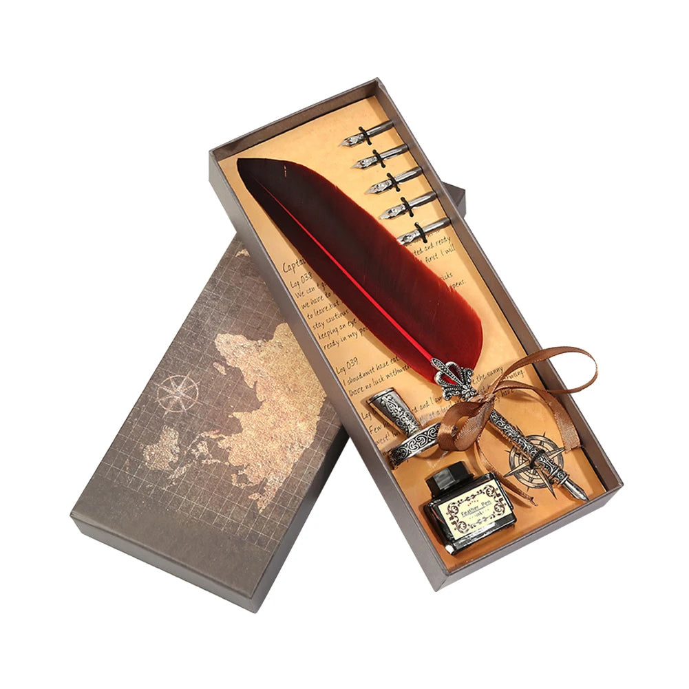 ✒️ Retro Vintage Calligraphy Feather Dip Pen Set – Quill Fountain Pen with Ink for Writing, Crafts & Gifts