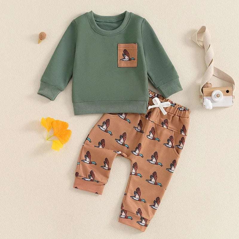 Toddler Boys Outfit Set – Long Sleeve Sweatshirt & Wild Duck Print Pants (2PCS)