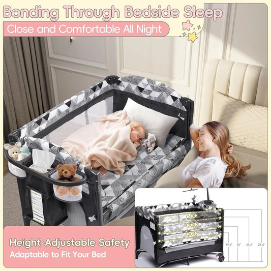 “5-in-1 Baby Bassinet Bedside Sleeper – Portable Baby Crib & Pack and Play with Changing Table, Storage & Carry Bag”