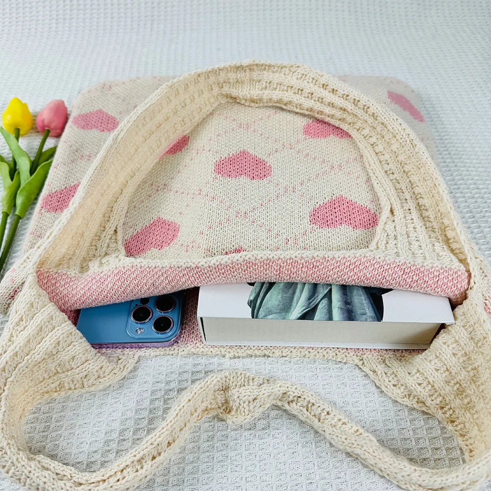 Heart-Pattern Large Capacity Tote Bag – Solid-Colour Shoulder Bag for Women