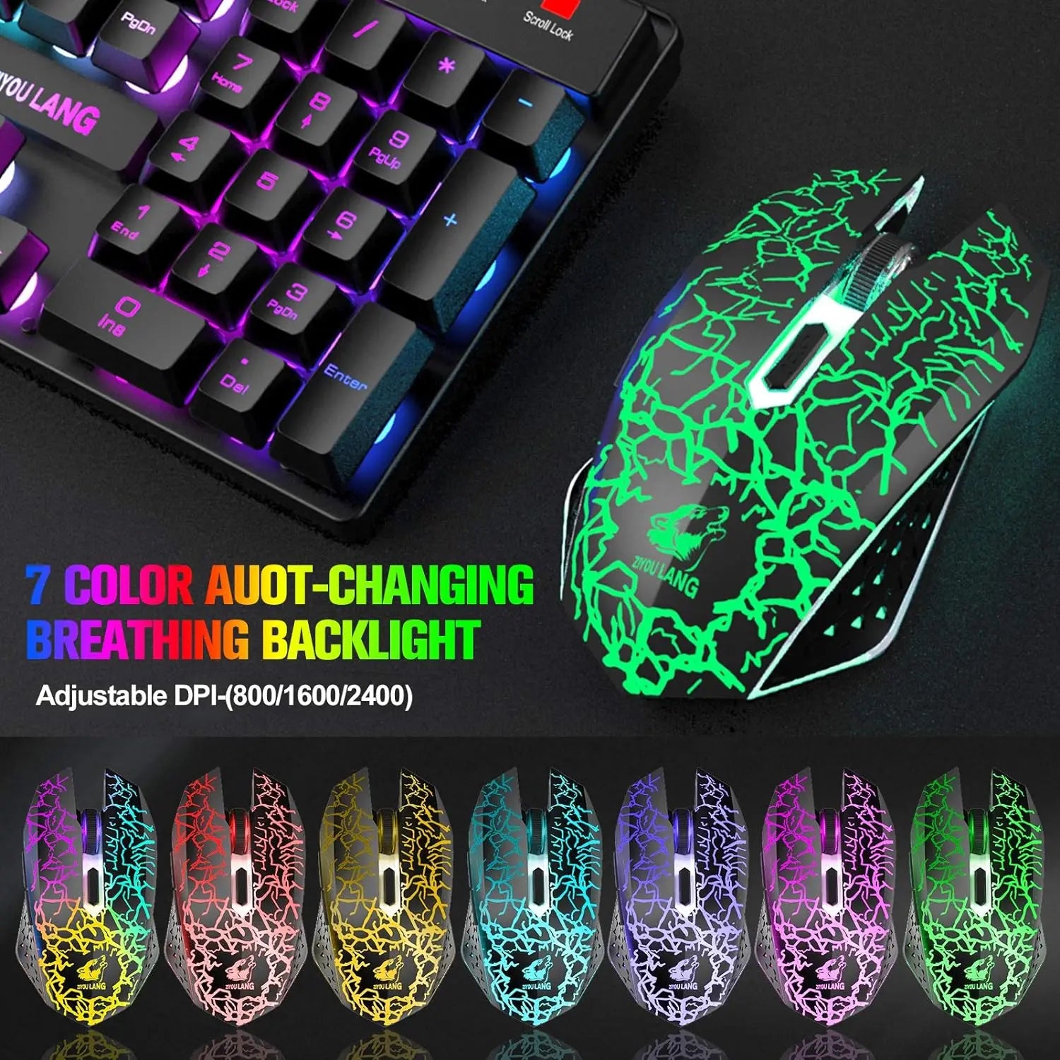 Mambasnake T87 Wireless Gaming Keyboard & Mouse Combo with 87-Key Rainbow LED Backlight and Rechargeable Battery (118 characters)