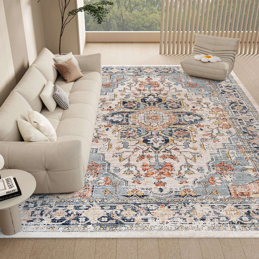 Vintage Boho Washable Area Rug – Non-Slip Cotton Blend Large Floor Carpet