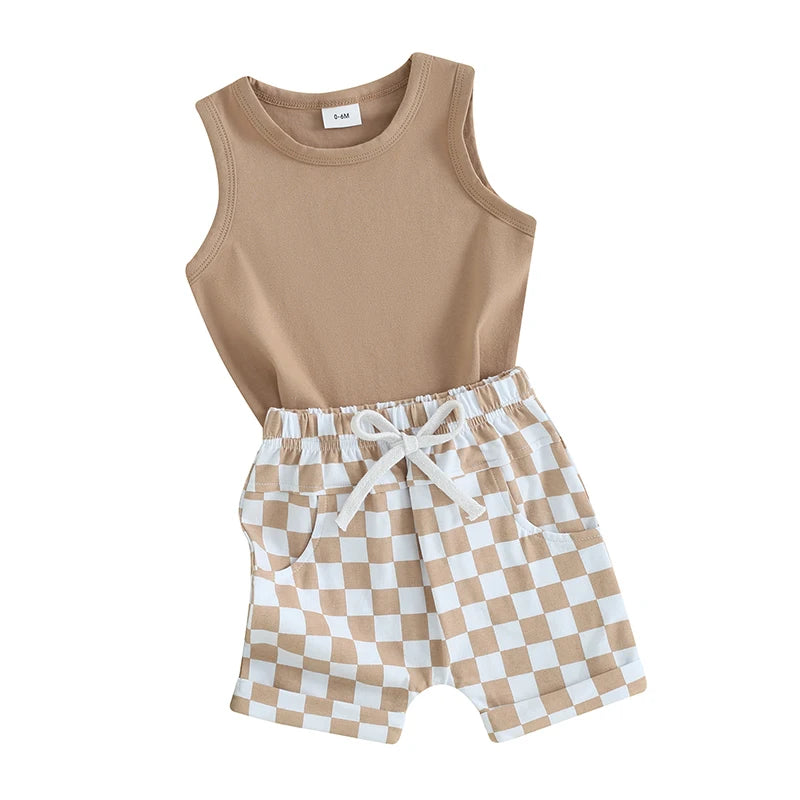 Baby Boy Summer Outfit – 2 Pcs Sleeveless Tank Top & Checkered Shorts Set for Toddler Casual Wear