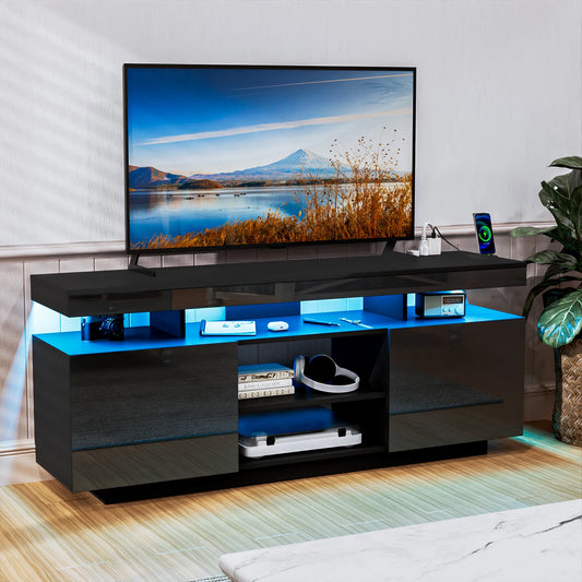 Modern LED-Light TV Stand for 55–65″ TVs – Built-in Power Outlets, Gaming & Console Storage Entertainment Center