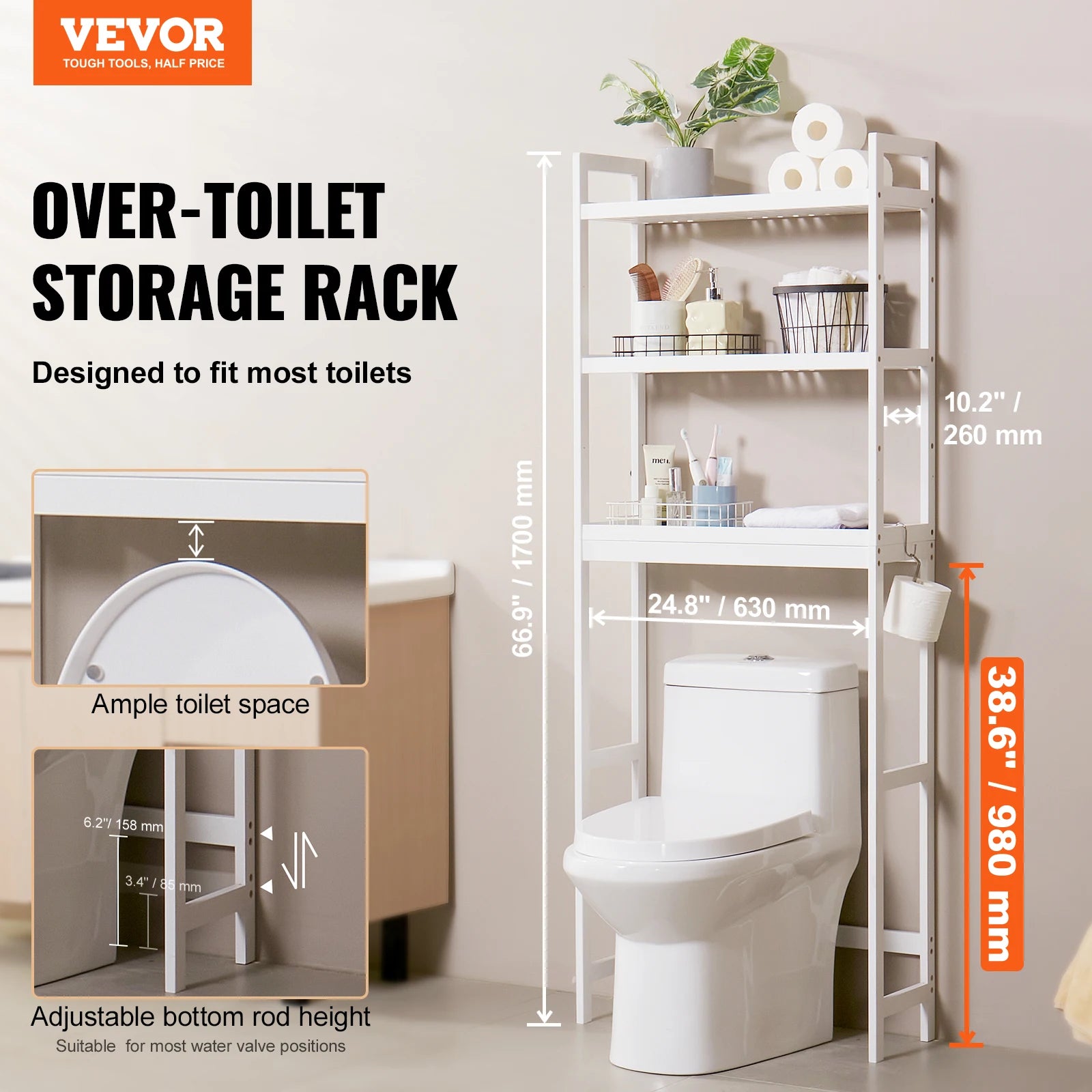 VEVOR Over-the-Toilet Storage Shelf – Adjustable Bamboo Bathroom Organiser with 3 Hooks & Space Saver Rack