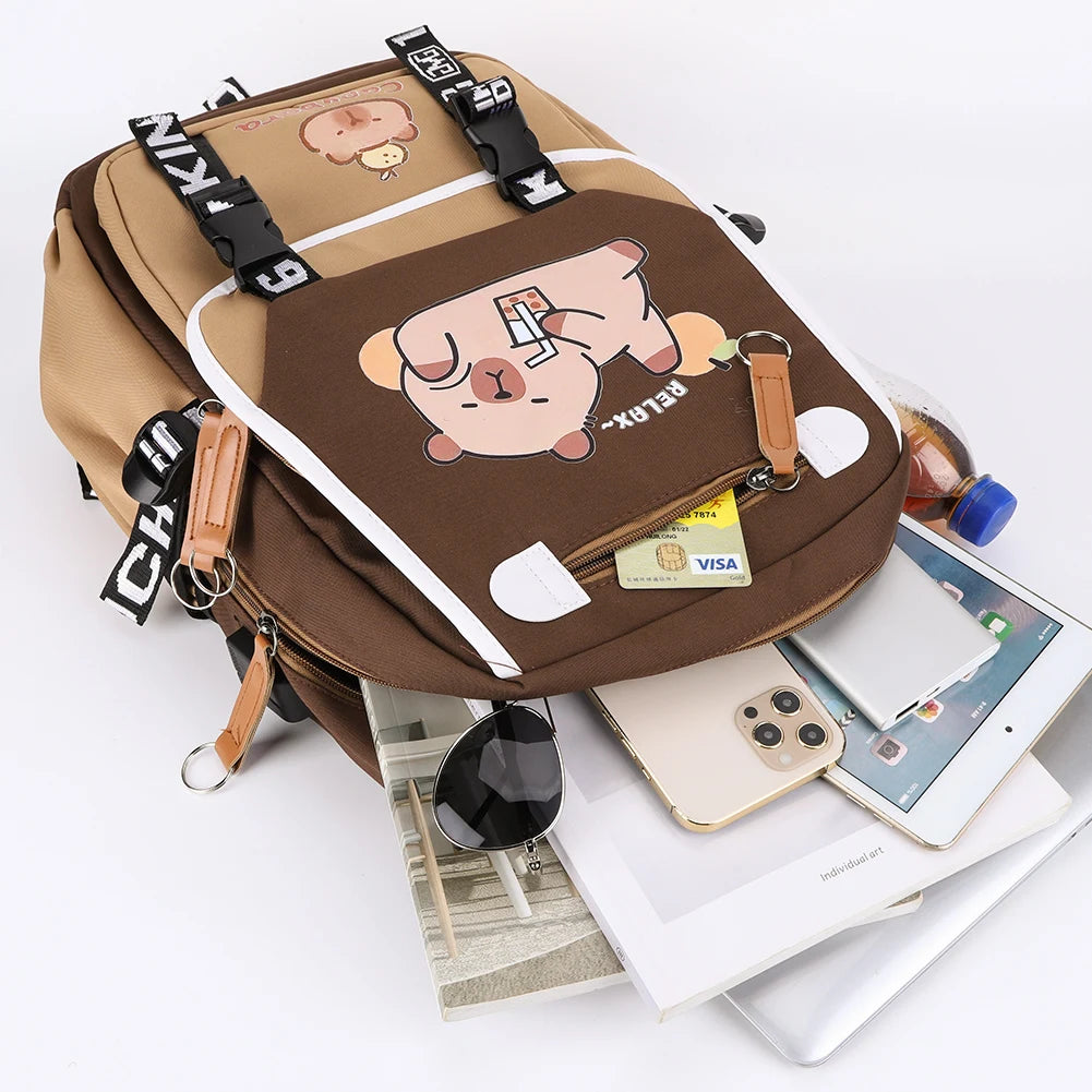 Kawaii Capybara Backpack — Large-Capacity Aesthetic College & School Bookbag for Women & Students