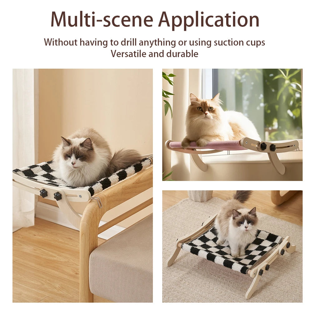 Cat Hammock Dual-Use Bed – Adjustable Window & Radiator Hammock for Indoor Cats, Wooden Frame Holds up to 18KG