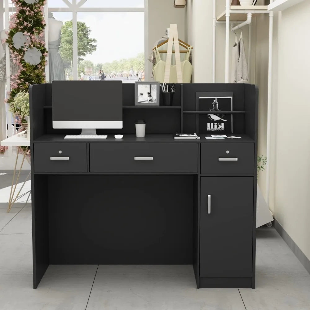 🪑 Modern Reception Desk – Wooden Computer Desk with 3 Drawers, 1-Door Storage Cabinet & Hutch Shelf for Office & Study