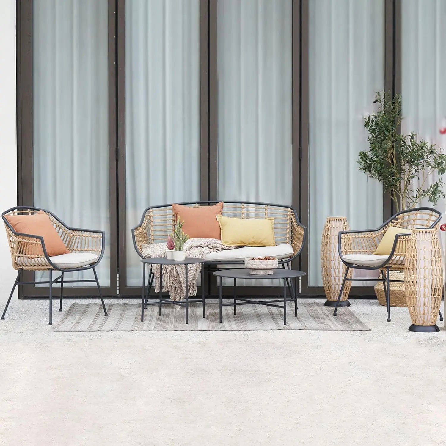 “5-Piece Outdoor Wicker Patio Conversation Set with Cushions & Coffee Tables – Boho Indoor/Outdoor Wicker Seating Set”