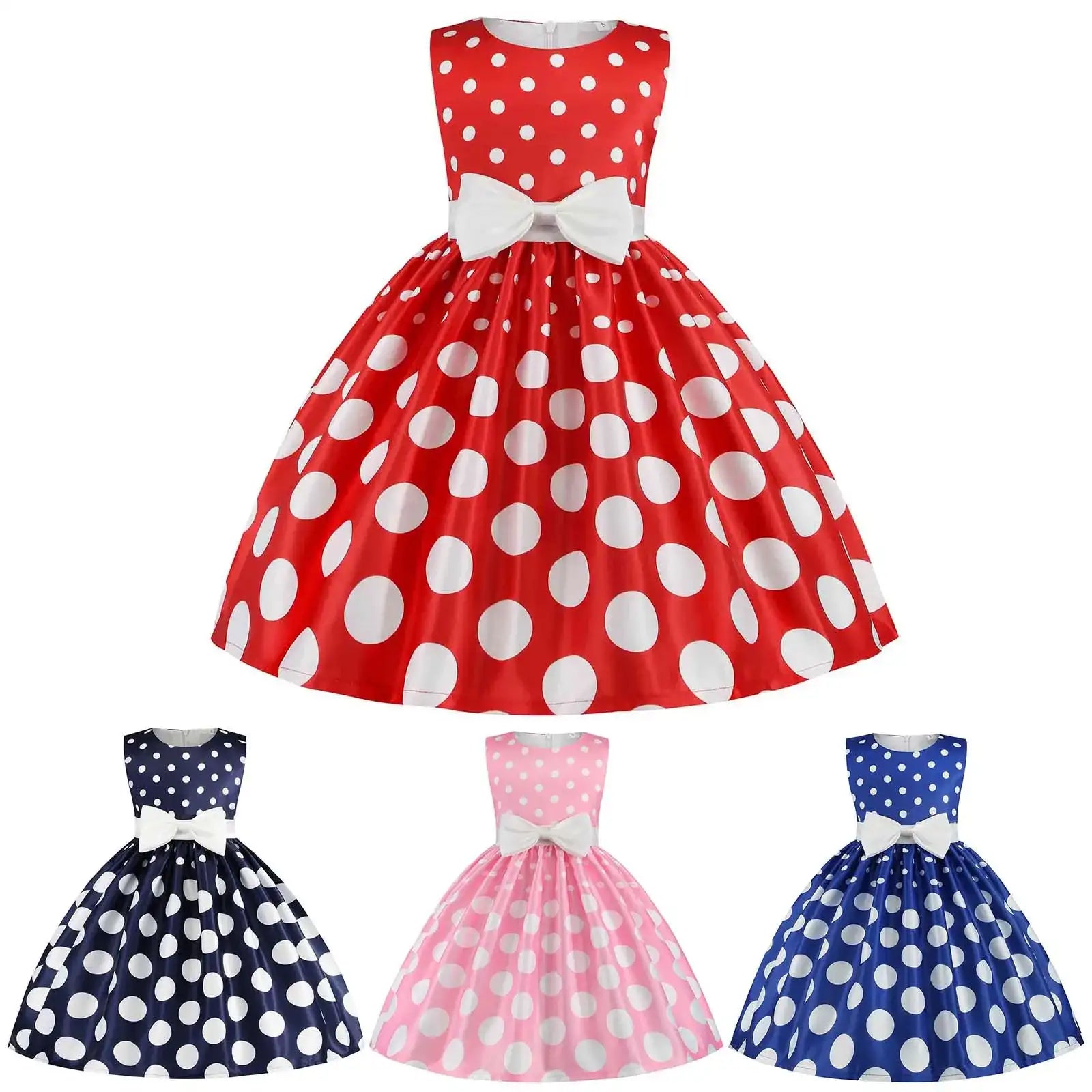 Girls Sleeveless Dot Party Dress – Bowknot Birthday & Wedding Gown (Kids)