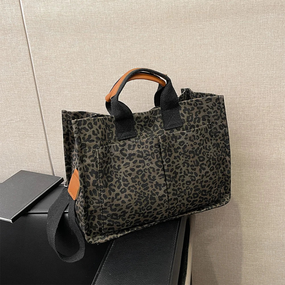 Leopard Print Canvas Tote Bag – Casual Briefcase with Pockets for Travel & Office