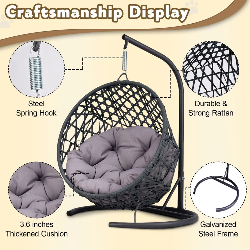 Cat Swing Bed with Stand – Indoor Hanging Egg Chair with Cushion, Rattan Wicker Style Swinging Pet Bed for Cats & Small Dogs