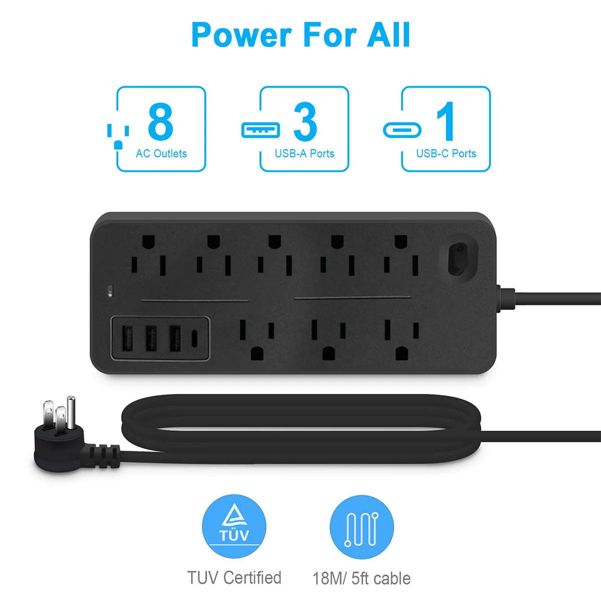 12-in-1 Power Strip with US Outlets & USB-C — Master Control Switch Multi-Tap Extension Socket for Home Office Charging