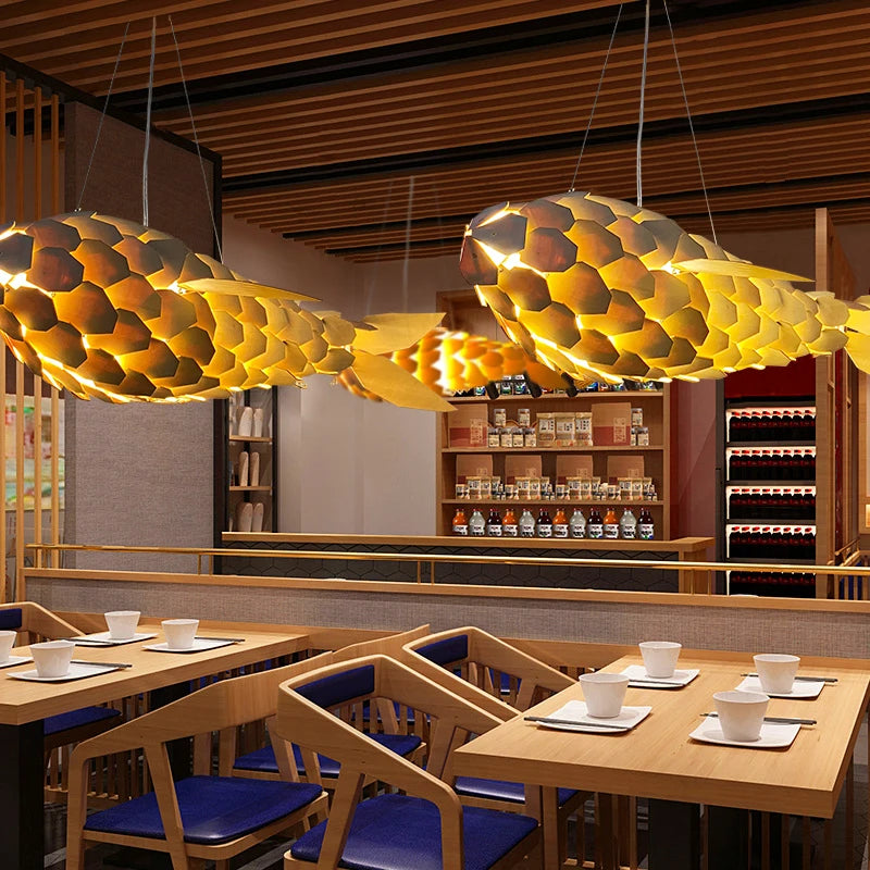 Luvodi 2PCS Large Fish-Shaped Wooden Weaving Chandeliers – Artistic Ceiling Lights for Home & Restaurant 🐟✨