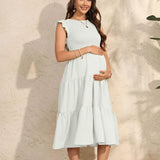 Women’s Summer Pleated Maternity Dress – O-Neck Chiffon Pregnancy Outfit with Flying Sleeves, Plus Size Available
