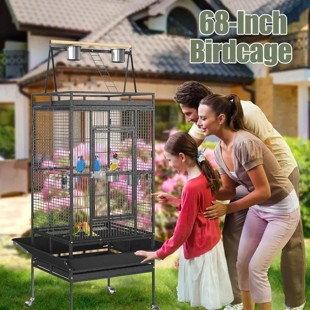 Playtop Parrot Cage – Heavy-Duty Wrought Iron Bird Cage with Rolling Stand, Large Pet Bird House for Parrots & Cockatiels