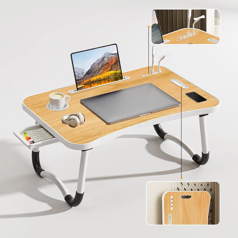 Portable Laptop Desk 💻 – USB Light, Small Fan, Cup Holder, Tablet Slot & Handle – Foldable Laptop Table