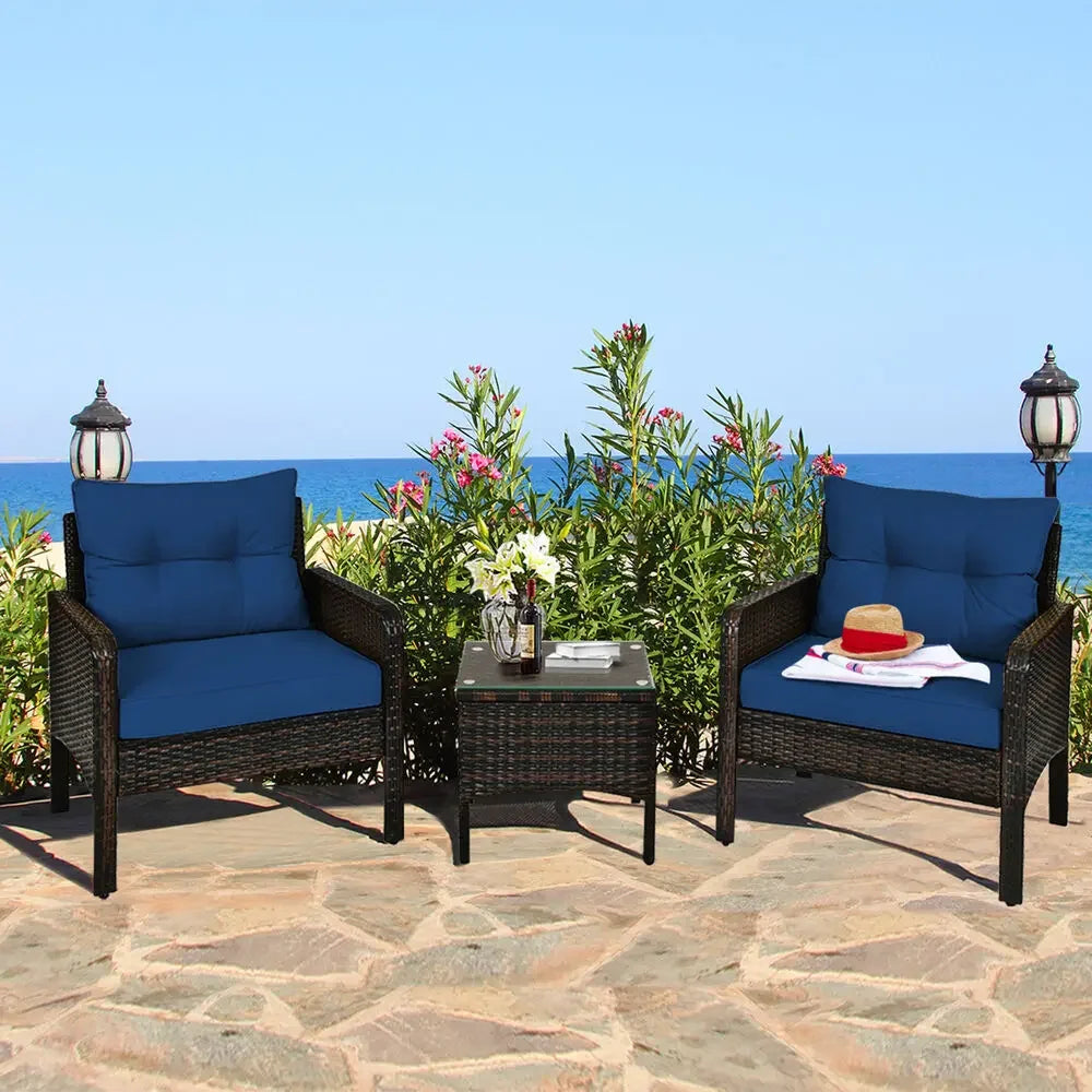 “3-Piece Rattan Patio Conversation Set – Outdoor Chairs & Table with Navy Cushions for Yard, Garden & Balcony”