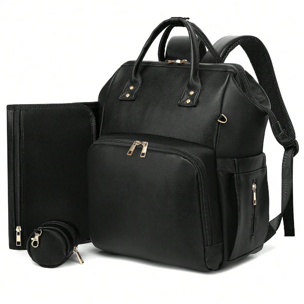 Leather Diaper Bag Backpack with Changing Pad & Pacifier Case – Large Multifunction Waterproof Mommy Travel Tote