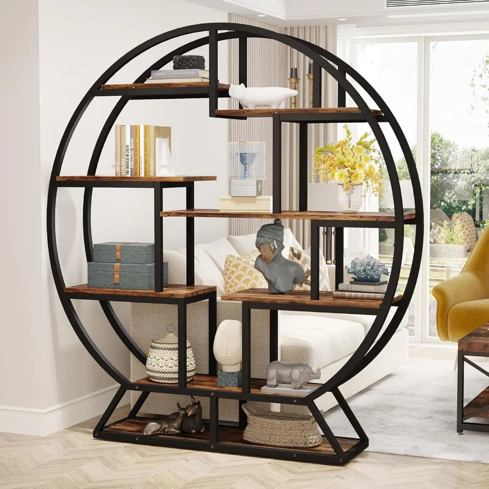 Round Industrial Etagere Bookcase – 63″ Tall with 14 Staggered Display Shelves & Metal Frame