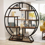 Round Industrial Etagere Bookcase – 63″ Tall with 14 Staggered Display Shelves & Metal Frame