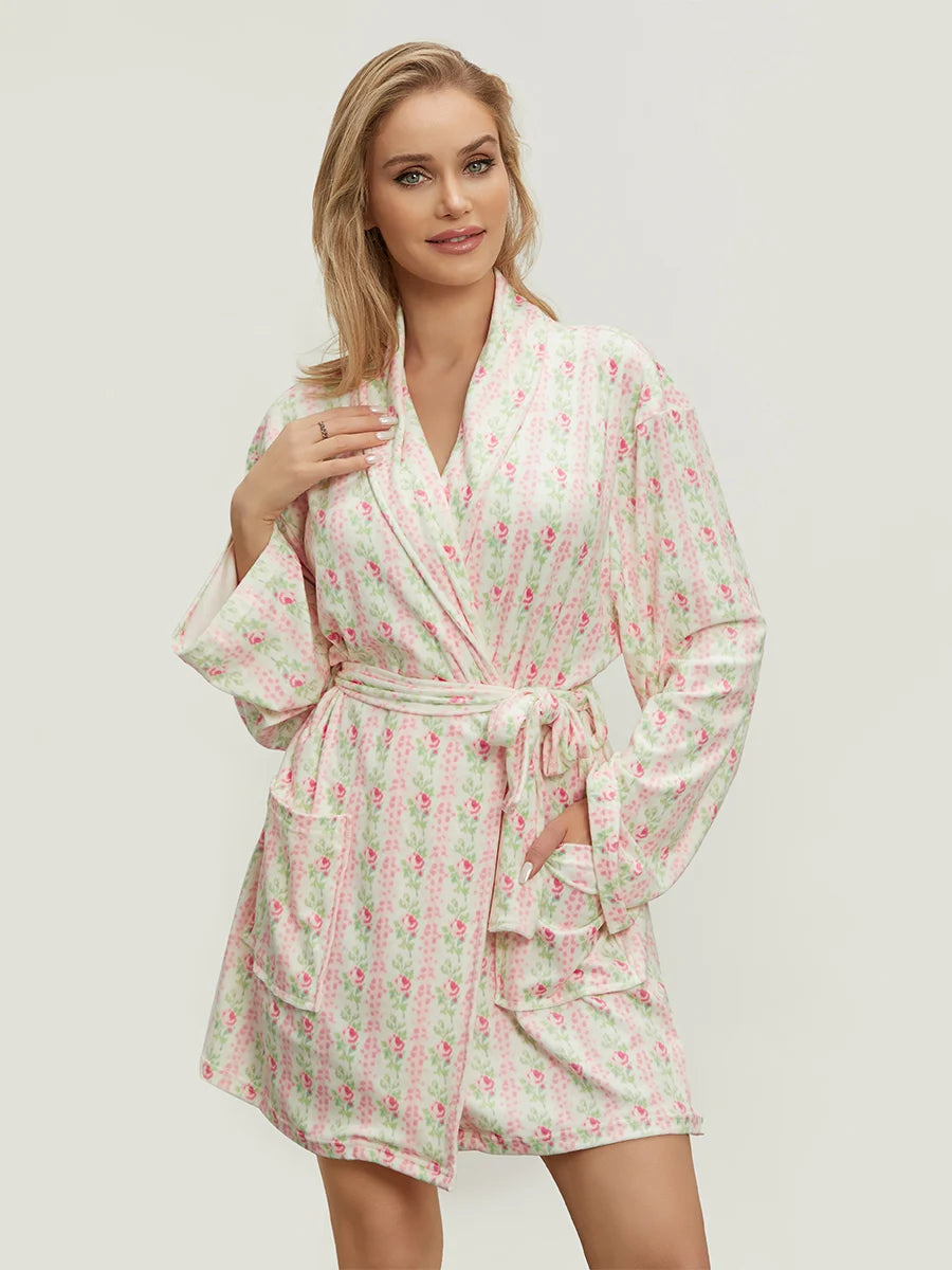Women’s Elegant Floral Long Sleeve Robe – Belted Lapel-Collar Loungewear with Pockets for Spring & Autumn Nights